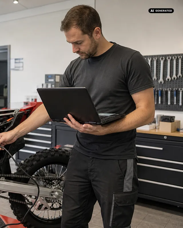 Mechaniker verbindet ein Diagnosegerät mit einem elektrischen Motorrad (KI-generiertes Symbolbild)